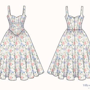 PDF Digital sewing pattern. Corset midi dress pattern. Easy beginner pattern 13 sizes: US 00-22, EU 30-54. Step by step easy sewing instructions. Sewing tutorial.