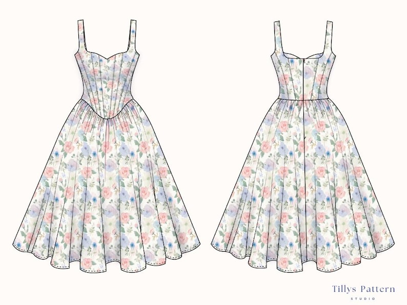 PDF Digital sewing pattern. Corset midi dress pattern. Easy beginner pattern 13 sizes: US 00-22, EU 30-54. Step by step easy sewing instructions. Sewing tutorial.
