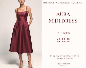 Midi Dress Sewing Pattern: Open Back Hourglass Silhouette (US 0-22) (PDF Pattern)