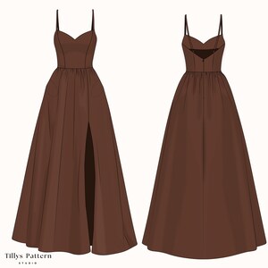 PDF Digital sewing pattern. Maxi dress pattern. Easy beginner pattern 12 sizes: US 00-20, EU 30-52. Step by step easy sewing instructions. Sewing tutorial. Evening gown with slit digital pattern.
