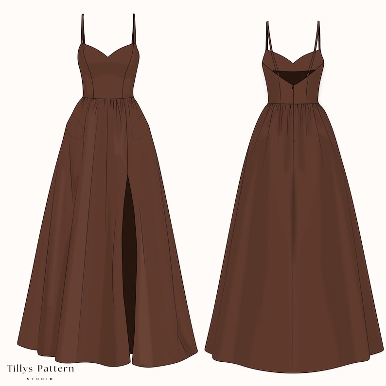PDF Digital sewing pattern. Maxi dress pattern. Easy beginner pattern 12 sizes: US 00-20, EU 30-52. Step by step easy sewing instructions. Sewing tutorial. Evening gown with slit digital pattern.