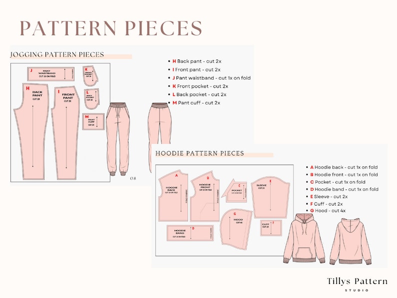 Hoodie and joggers sewing patterns pieces.