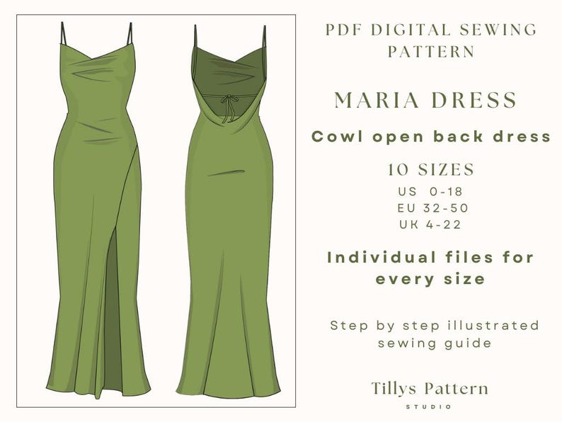 Cowl Neck Dress Sewing Pattern Backless Slip Dress Pattern Prom Dress