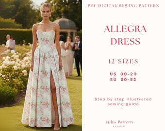 Evening Corset  Dress Sewing Pattern: Slit Evening Gown (US 00-20) (PDF Pattern)