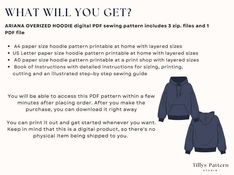 Oversized hoodie digital PDF sewing pattern includes 3 zip. files and 1 PDF file. A4, US Letter and A0 oversized hoodie pattern printable in your home with files with layered sizes.Book of Instructions with  illustrated step-by step sewing guide. Sewing tutorial