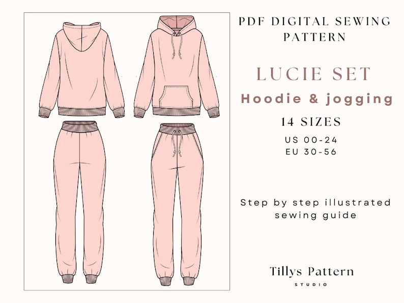 PDF Digital sewing pattern.Woman hoodie and joggers pattern. 14 sizes: US 00-24,EU 30-56.Step by step easy sewing instructions.Sewing tutorial