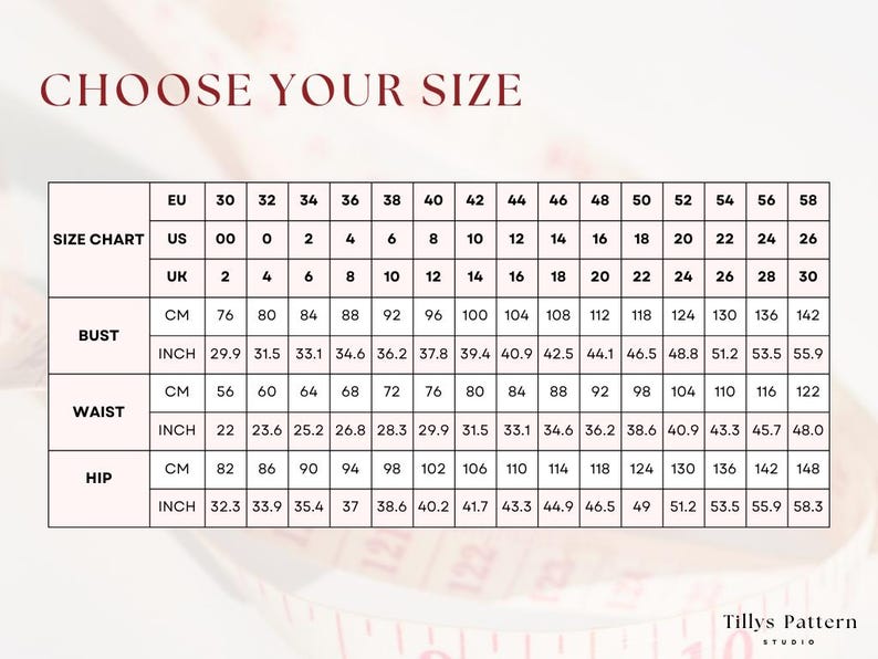 Size chart. US 0-22, EU 32-54, UK 4-26