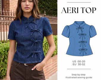 Mandarin Collar Top Sewing Pattern | Easy Top Pattern | Tie Front Top | Beginner Sewing Pattern | Y2K Pattern | Short Sleeve Top | US 00-20