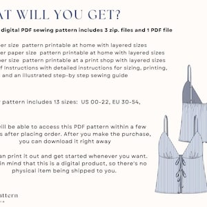 Front tie summer top digital PDF sewing pattern includes 3 zip. files and 1 PDF file .A4, US Letter and A0.  Summer top pattern printable in your home with layered sizes.  Book of Instructions with  illustrated step-by step sewing guide. Sewing tutorial.