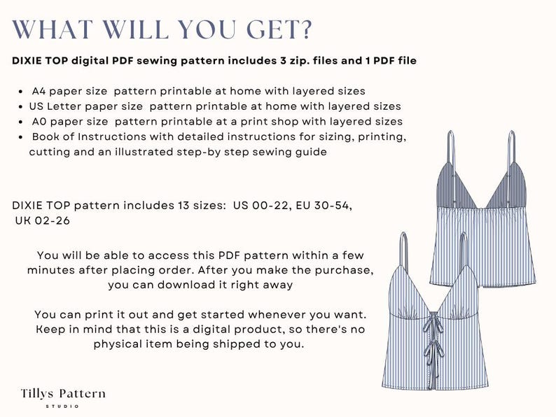 Front tie summer top digital PDF sewing pattern includes 3 zip. files and 1 PDF file .A4, US Letter and A0.  Summer top pattern printable in your home with layered sizes.  Book of Instructions with  illustrated step-by step sewing guide. Sewing tutorial.