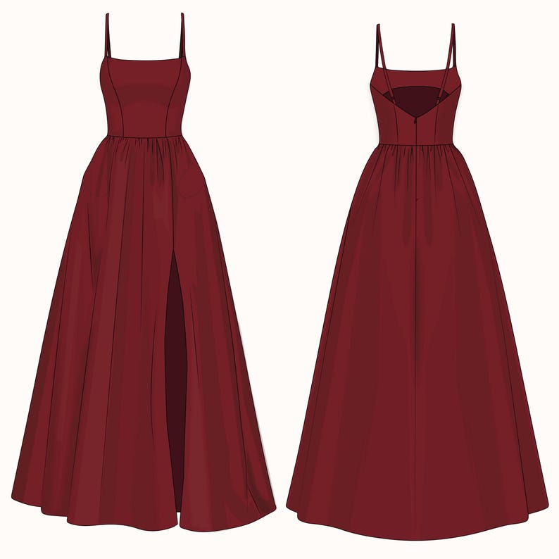 PDF Digital sewing pattern. Maxi dress pattern. Easy beginner pattern 12 sizes: US 00-20, EU 30-52. Step by step easy sewing instructions. Sewing tutorial. Evening gown with slit digital pattern.