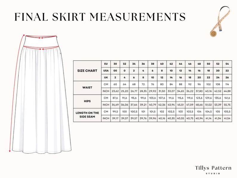 Final skirt measurements table.