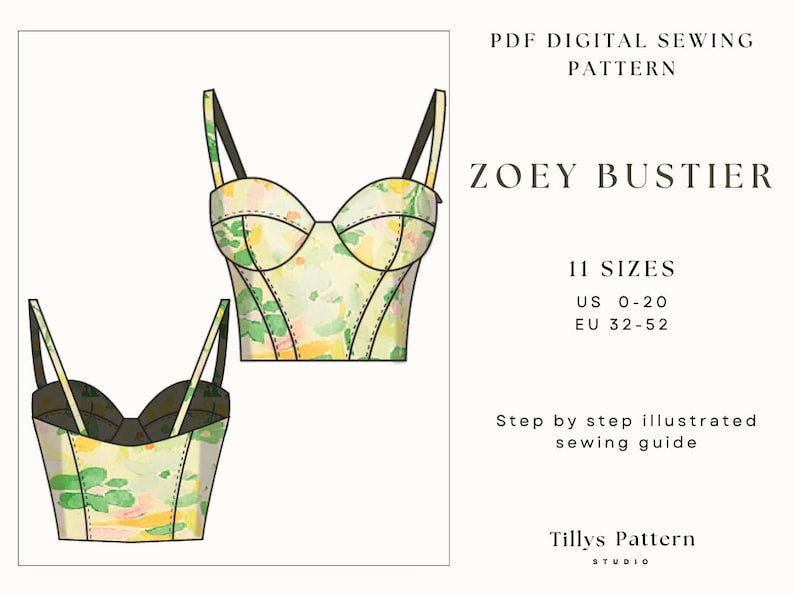 PDF Digital sewing pattern.Bustier pattern. 11 sizes: US 0-20,EU 32-52. Step by step easy sewing instructions.Sewing tutorial. Crop bustier