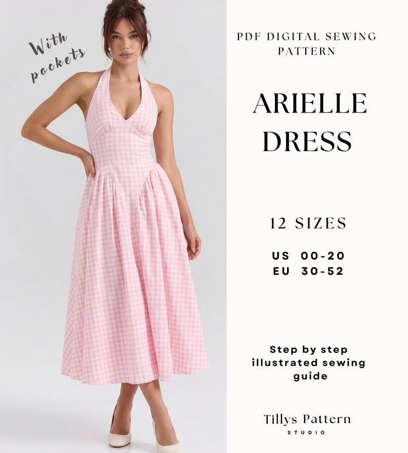 PDF Digital sewing pattern. Halter neck  summmer midi dress pattern with pockets. Easy beginner pattern 12 sizes: US 00-20, EU 30-52. Step by step easy sewing instructions. Sewing tutorial. Cotton dress pattern. Gingham dress pattern.