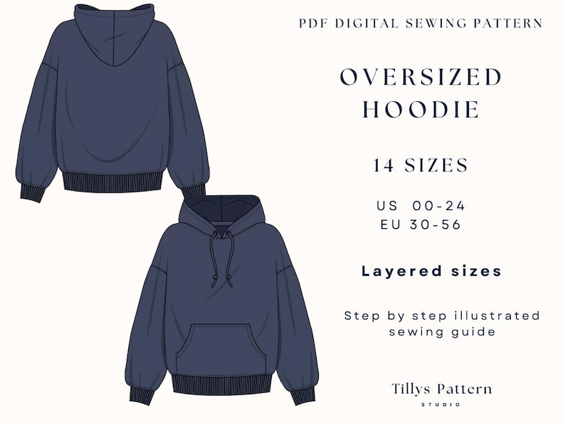 PDF Digital sewing pattern. Oversized hoodie pattern. 14 sizes: US 00-24, EU 30-56. Step by step easy sewing instructions.Layered sizes. Sewing tutorial