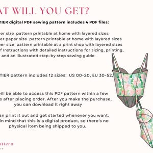 Lyra bustier digital PDF sewing pattern includes 3 zip. files and 1 PDF file .A4, US Letter and A0.  Corset pattern printable in your home with layered sizes.  Book of Instructions with  illustrated step-by step sewing guide
