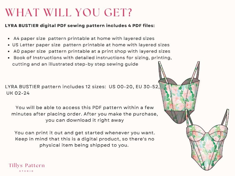 Lyra bustier digital PDF sewing pattern includes 3 zip. files and 1 PDF file .A4, US Letter and A0.  Corset pattern printable in your home with layered sizes.  Book of Instructions with  illustrated step-by step sewing guide
