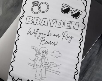 May include: Black and white line art invitation with the name "BRAYDEN" and the text "Will you be our Ring Bearer?" The invitation features illustrations of a diamond ring, sunglasses, and a cartoon ring bearer.