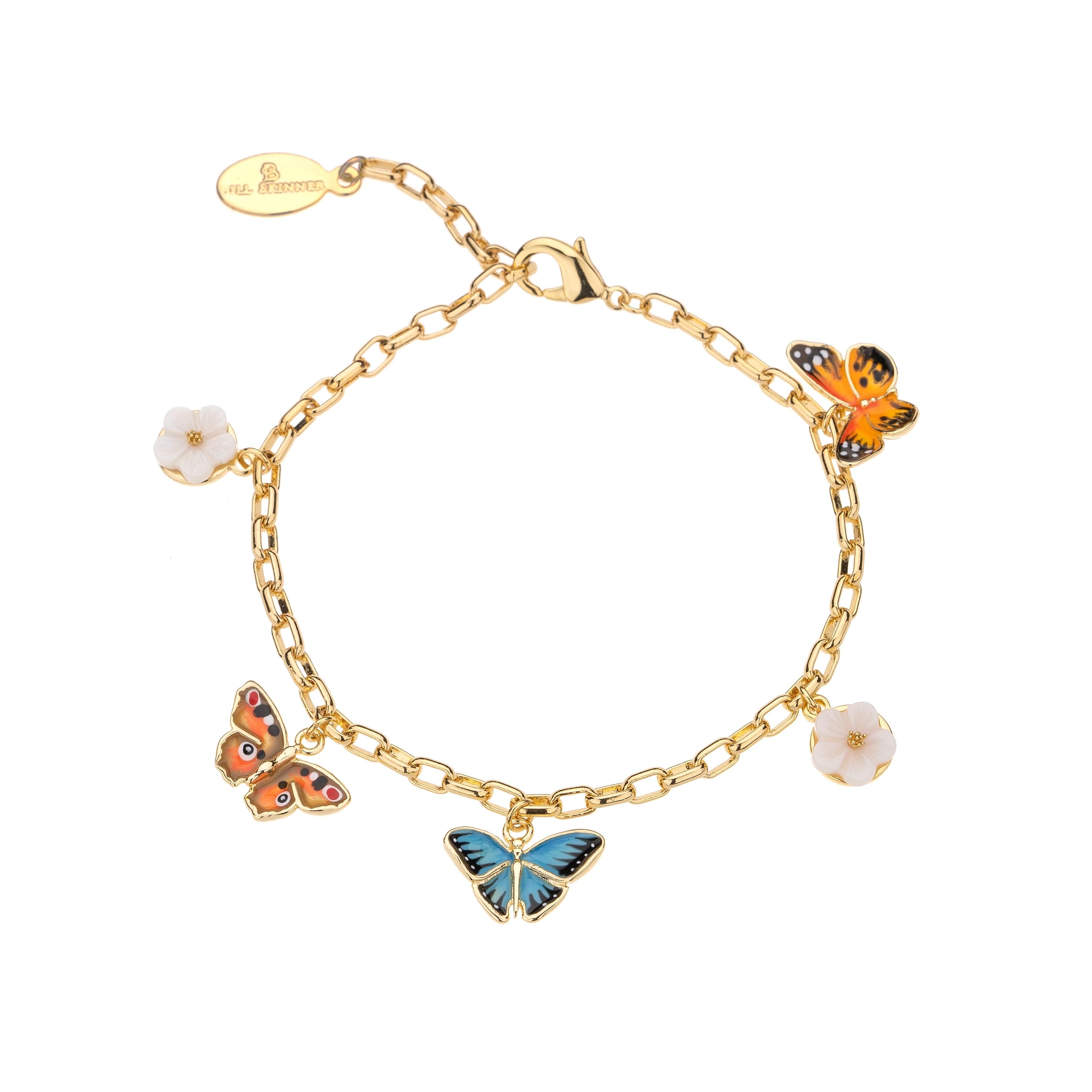 Enamel Butterfly and Flowers 18K Gold Plated Bracelet