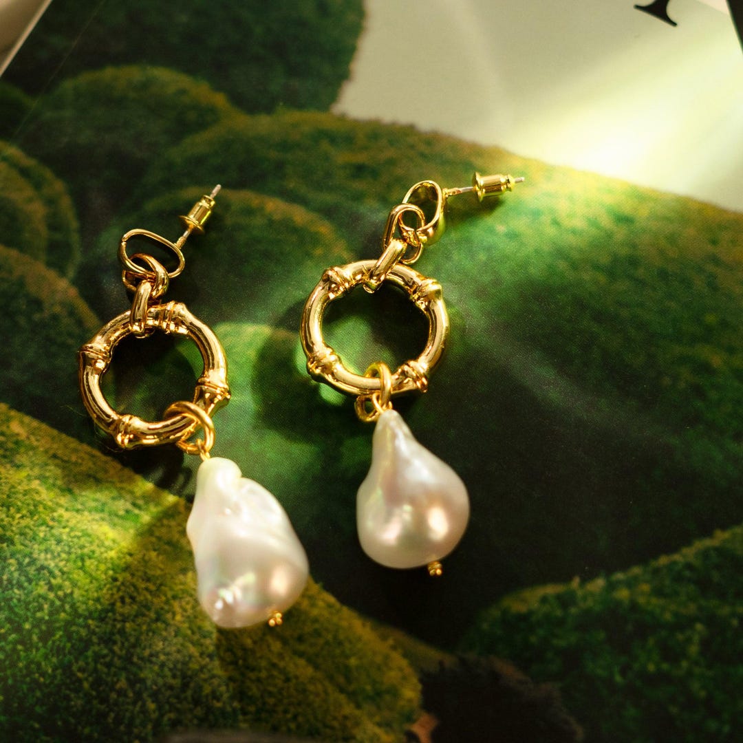 Boucles D'oreilles En Argent Plaqué Or Avec Perles De Culture Baroques D'eau Douce Orange - Dormeuses - Neuf Avec étiquettes