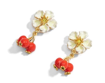 Enamel Hawthorn Berries and Flower 18K Gold Plated Stub Earrings