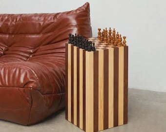 Modern Chess Side Table, Striped Wooden Pedestal, Checkerboard Accent Table