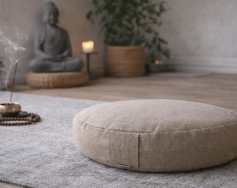 Linen Meditation Cushion, Round Floor Pillow, Yoga Zafu, 18 Inch
