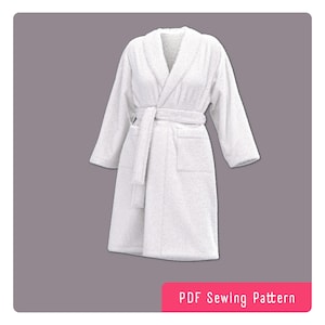 Easy step-by-step PDF sewing pattern for a mid-length shawl collar bathrobe with two front patch pockets and a belt. Comfy, snug, and warm!