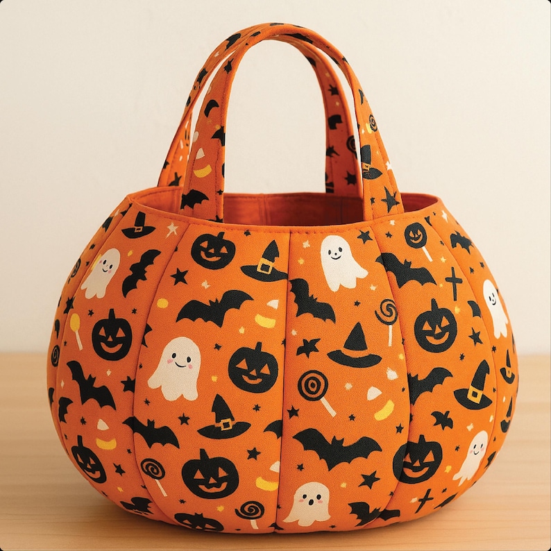 Picture of a finished product from a sewing pattern for a pumpkin shaped Halloween bag, that is printable PDF, and a great DIY trick or treat gift.
