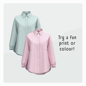 Pode incluir: Duas camisas de bot&otilde;es, uma azul claro com listras finas e outra rosa com padr&atilde;o xadrez. O texto "Try a fun print or colour!" est&aacute; na imagem.