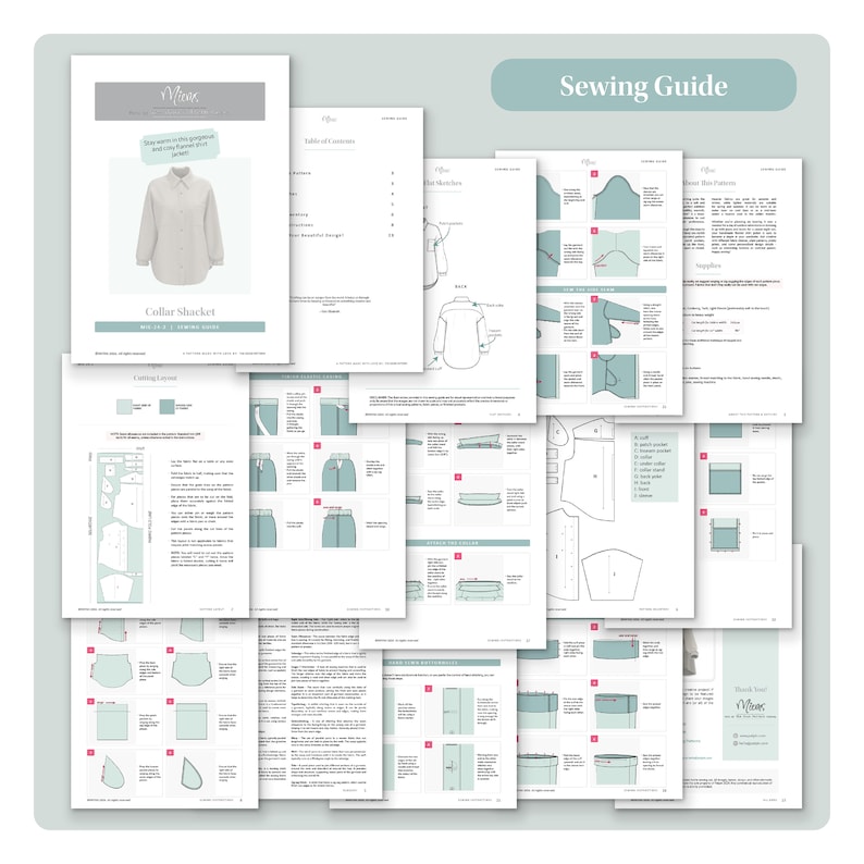 Pode incluir: Um guia de costura para uma camisa com colarinho com uma tabela de conte&uacute;do, pe&ccedil;as de padr&atilde;o e instru&ccedil;&otilde;es para costurar o colarinho, as mangas e os bot&otilde;es. O guia inclui ilustra&ccedil;&otilde;es e diagramas para ajudar no processo de costura.