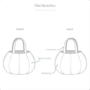 Technical drawings for a pumpkin bag sewing project that is perfect for Halloween and Thanksgiving, and a great trick or treat gift.