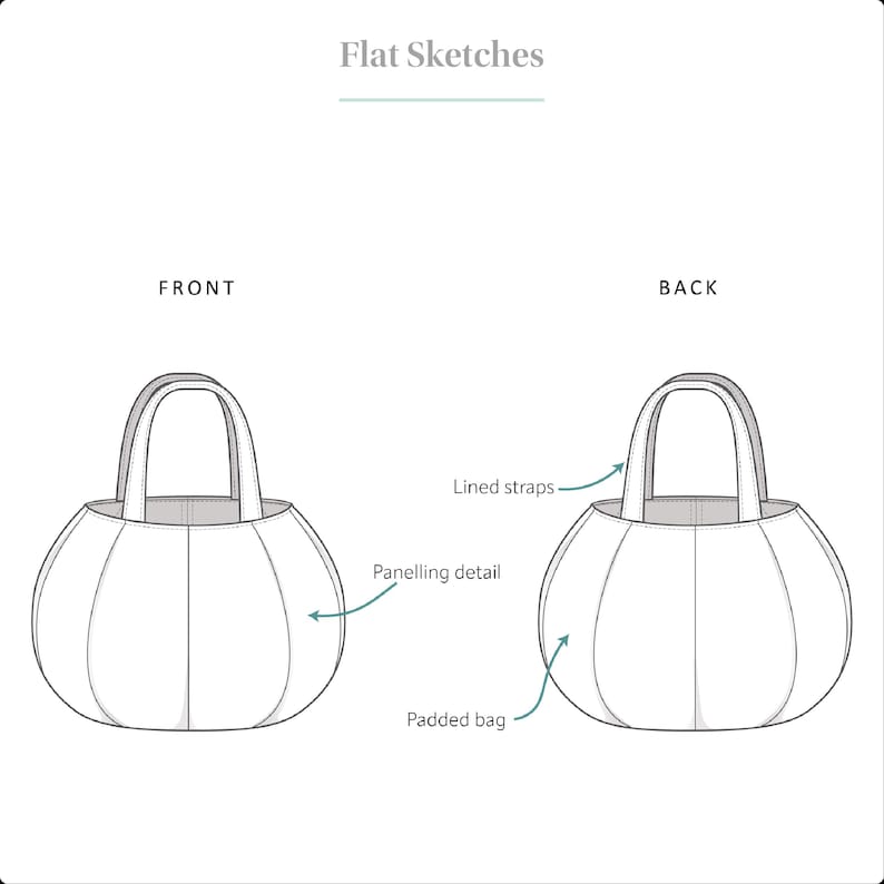 Technical drawings for a pumpkin bag sewing project that is perfect for Halloween and Thanksgiving, and a great trick or treat gift.