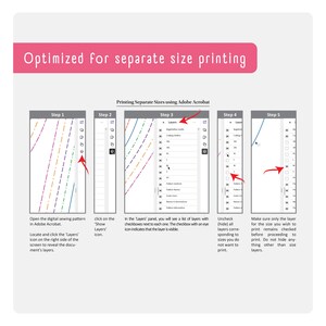 Pode incluir: Um guia de cinco etapas sobre como imprimir tamanhos separados usando o Adobe Acrobat. O guia mostra um padr&atilde;o de costura digital com v&aacute;rias camadas, cada uma representando um tamanho diferente. As etapas incluem abrir o padr&atilde;o no Adobe Acrobat, localizar o &iacute;cone 'Camadas' e desmarcar as camadas para os tamanhos que voc&ecirc; n&atilde;o deseja imprimir.
