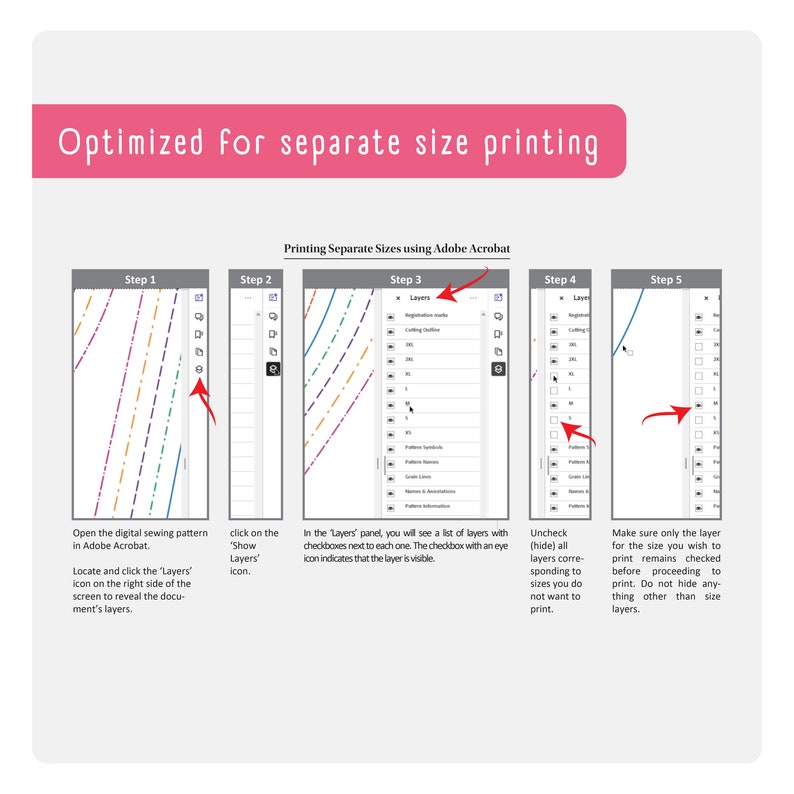 Pode incluir: Um guia de cinco etapas sobre como imprimir tamanhos separados usando o Adobe Acrobat. O guia mostra um padr&atilde;o de costura digital com v&aacute;rias camadas, cada uma representando um tamanho diferente. As etapas incluem abrir o padr&atilde;o no Adobe Acrobat, localizar o &iacute;cone 'Camadas' e desmarcar as camadas para os tamanhos que voc&ecirc; n&atilde;o deseja imprimir.