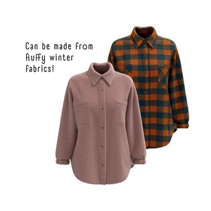 Pode incluir: Duas camisas de manga comprida, uma de tecido felpudo marrom e outra com padr&atilde;o xadrez laranja e azul. O texto "Can be made from fluffy winter fabrics!" &eacute; vis&iacute;vel na imagem.