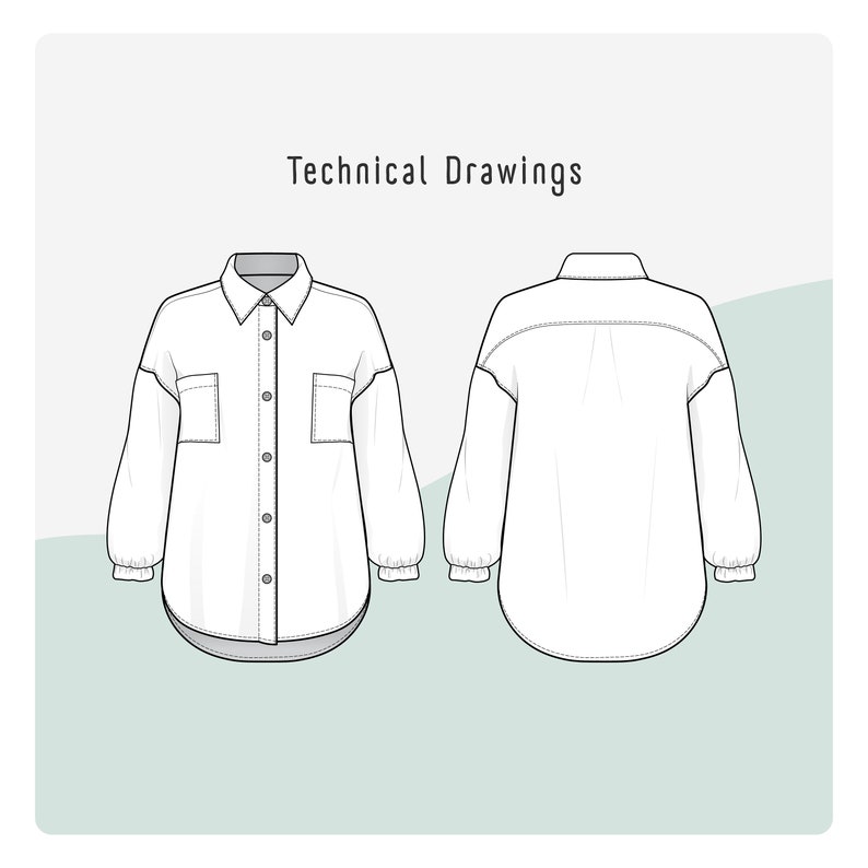 Pode incluir: Desenho t&eacute;cnico de uma camisa branca de manga comprida com fecho de bot&otilde;es, dois bolsos de remendo e uma bainha curva.