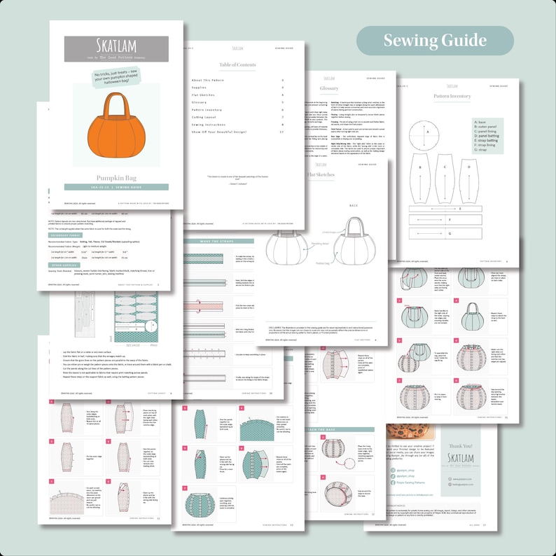 Sewing instructions for a sewing pattern for a pumpkin shaped Halloween bag, that is printable PDF. Trick or treat bag sewing guide.