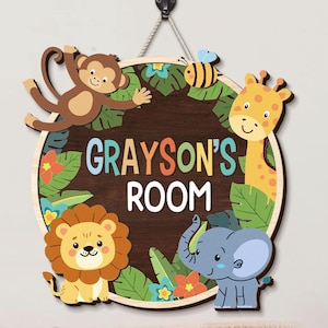 Personalized Baby Name 3D Door Sign, Custom Jungle Animals Baby Doorsign, Safari Animal Sign, Gift For Kid Bedroom, Boys Bedroom Decor