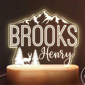 Custom Name Mountains Night Light, Personalized Kids Bedroom Led Light, Son Daughter Birthday Gift, Boys Girls Bedroom Decor, Woodland Decor
