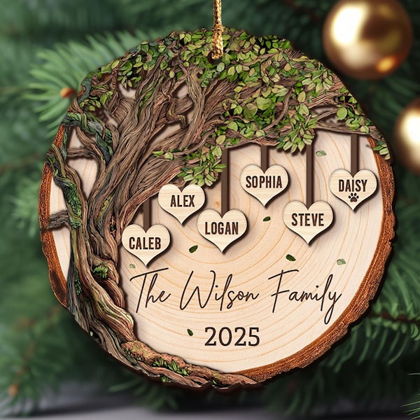 Adorno personalizado de madera para el árbol genealógico: recuerdo personalizado con el nombre de la familia, decoración para el árbol de Navidad, regalos de Navidad 2025