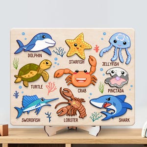 Sea Animals Puzzle Busy Board For Toddlers, Personalized Sea Animals Wooden Toys, Wooden Puzzle with Animals For Kids, Birthday Gift for Kid