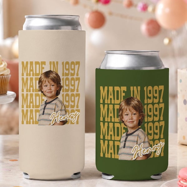 Personalized Birthday Party Favors, Custom Face Can Cooler, Photo Can Cooler, Vintage 1996 Photo & Text, Birthday Drink Sleeves