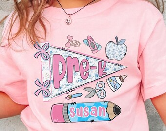 Custom Name Flag Kid Shirt, Personalized Back To School Girl Shirt, First Day of School Tee, Pre K Shirt For Kid, Toddler School Outfit