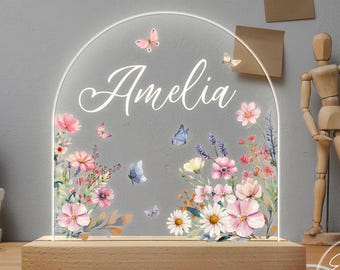 Custom Kid Name LED Lamp, Custom Night Light for Baby Girl, Floral Night Light for Nursery Decor, New Baby Gift, Toddler Bedside Night Light