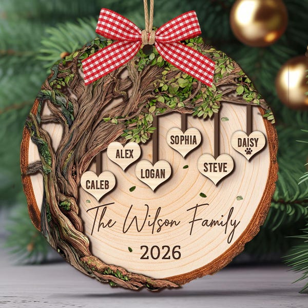 Adorno de madera personalizado para árbol genealógico: recuerdo personalizado con el nombre de la familia, decoración para el árbol de Navidad, regalos de Navidad 2026.