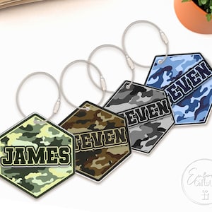 Custom Boy Backpack Name Tag, Camo Print Boy Name Keychain, Cute Backpack Name Keychain For Kids, Diaper Bag Tag, Checkered Lunch Box Tag