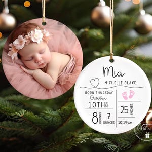 Custom Baby Birth Stats Ornament, Personalized New Baby Ornament, Baby Photo Ornament, Baby Keepsake, Baby Shower Gift, New Parent Gift