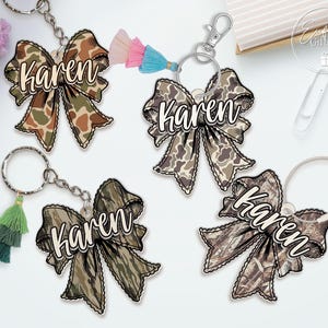 Custom Girl Backpack Name Tag, Camo Coquette Bow Name Keychain, Cute Girl Name Keychain For Kids, Diaper Bag Tag, Checkered Lunch Box Tag