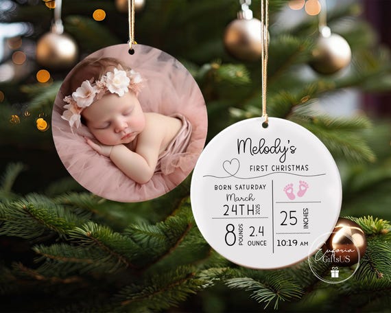 Custom Baby Birth Stats Ornament, Personalized New Baby Ornament, Baby Photo Ornament, Baby Keepsake, Baby Shower Gift, New Parent Gift